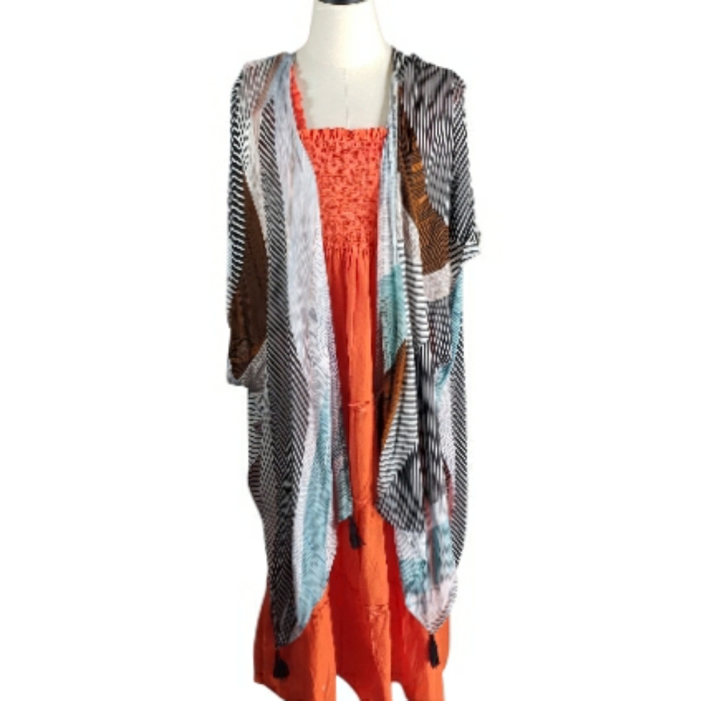Moss Rose OS Duster Swim Coverup Kimono Mixed Stripe Patterns Tassels Vacation